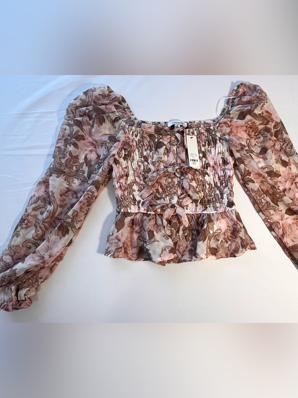 Francesca's Collections Blush Pink & Brown Floral Smocked Peplum Top